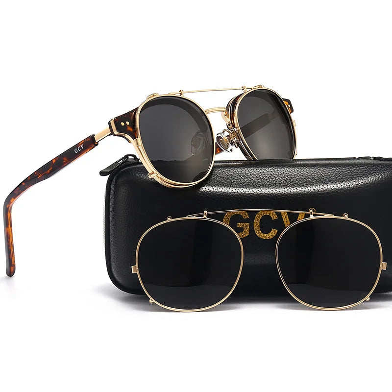 Double Layer Removable Lens Polarized UV400 Gothic Retro Steampunk Sunglasses for Men Women