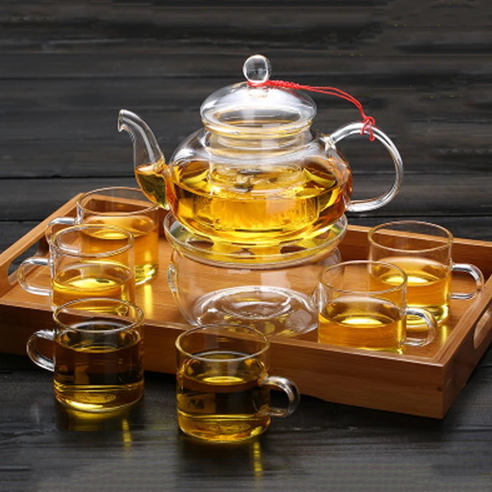 Elegant Glass Tea Set Borosilicate Glass Teapot With Cups Bamboo Tea Tray Tea Set Kettle Warmer Glass Teapot