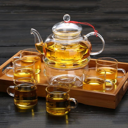 Elegant Glass Tea Set Borosilicate Glass Teapot With Cups Bamboo Tea Tray Tea Set Kettle Warmer Glass Teapot