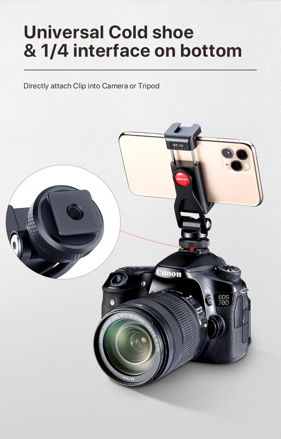 Black Adjustable Metal Phone Mount DSLR Monitor Adapter Cold Shoe Smartphone Holder for LED Light Microphone