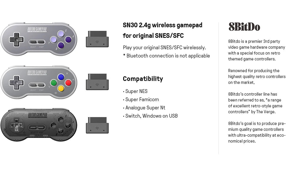 2.4GHz Wireless Retro Gaming Controller for Original Super Nintendo SNES and SFC