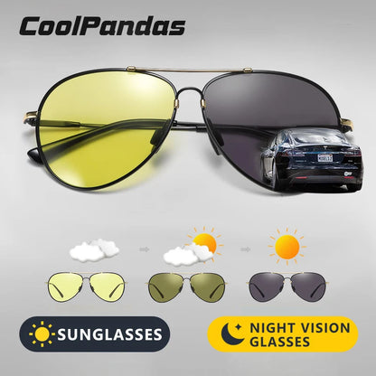 Memory Metal Frame Photochromic Men's Sunglasses Polarized Anti-Glare Driving Sun Glasses