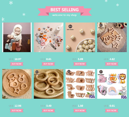 10PC Baby Wooden Teether Animal Beads Beech Rodent Star DIY Pacifier Chain Teething Bracelet Accessories Montessori Newborn Gift