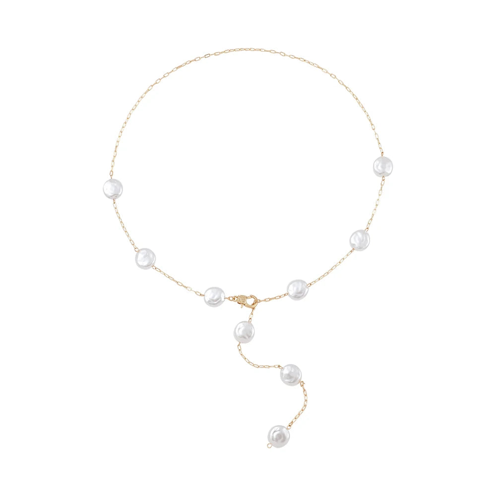 Imitation Pearls Flat Bead Chain On The Necklace For Women Gold Color Long Chain Necklace