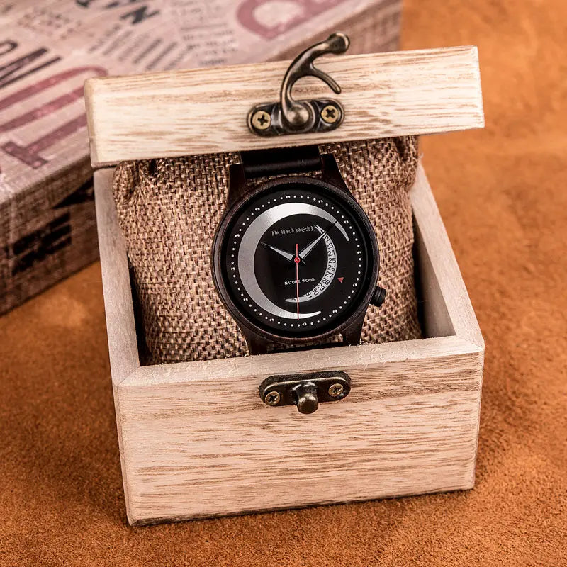 Quartz Watches Show Date Display Zebra Enboy Wood Wristwatch Moon Shape