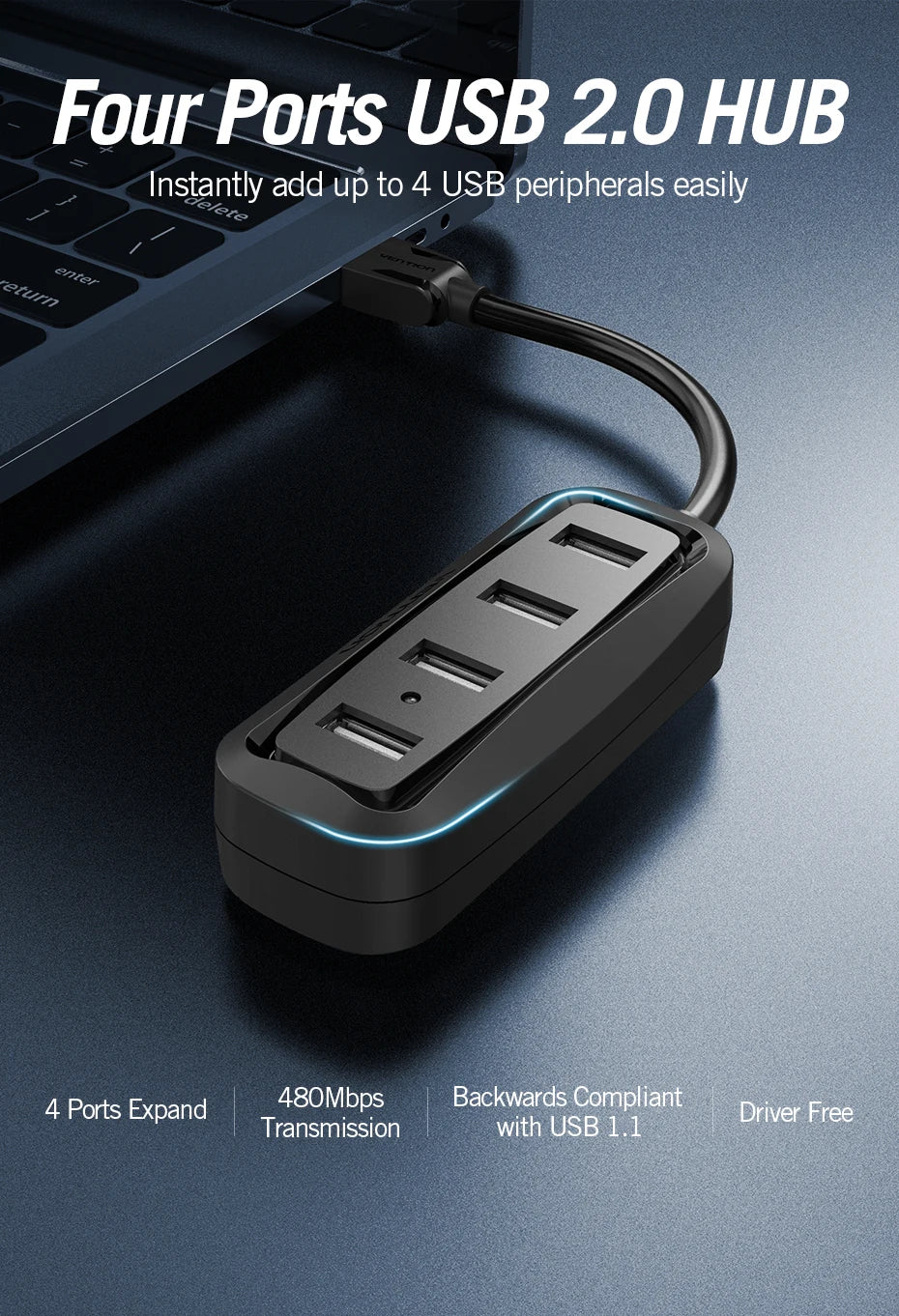 USB 2.0 HUB 4 Port with LED Multi USB Splitter for Lenovo Xiaomi Macbook Pro Air Computer Accessories Laptop HUB USB 2.0