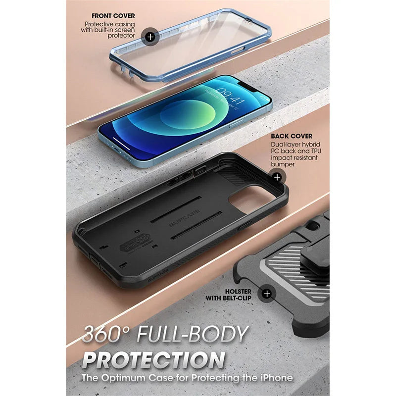 For iPhone 13 Case 6.1" (2021 Release) UB Pro Full-Body Rugged Holster Cover with Built-in Screen Protector & Kickstand