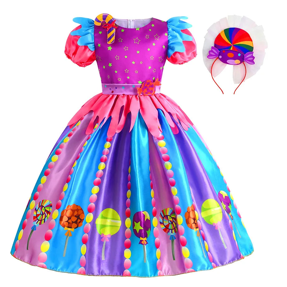 Girls Purim Festival Lollipop Costume Children Puff Sleeve Candy Costume Kids Sweet Lollipop Print Birthday Party Dresses