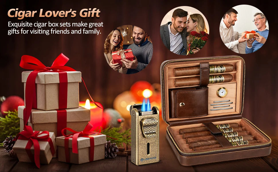 Leather Cigar Humidor with Cigar Lighter,Built-in Straight Cigar Cutter and Cigar Punch,Humidifier and Cedar Tray