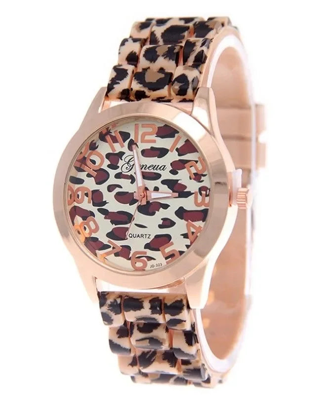 Geneva Watch Leopard Print Silicone Watch Fashion Casual Student Watch Leopard Print Color Quartz