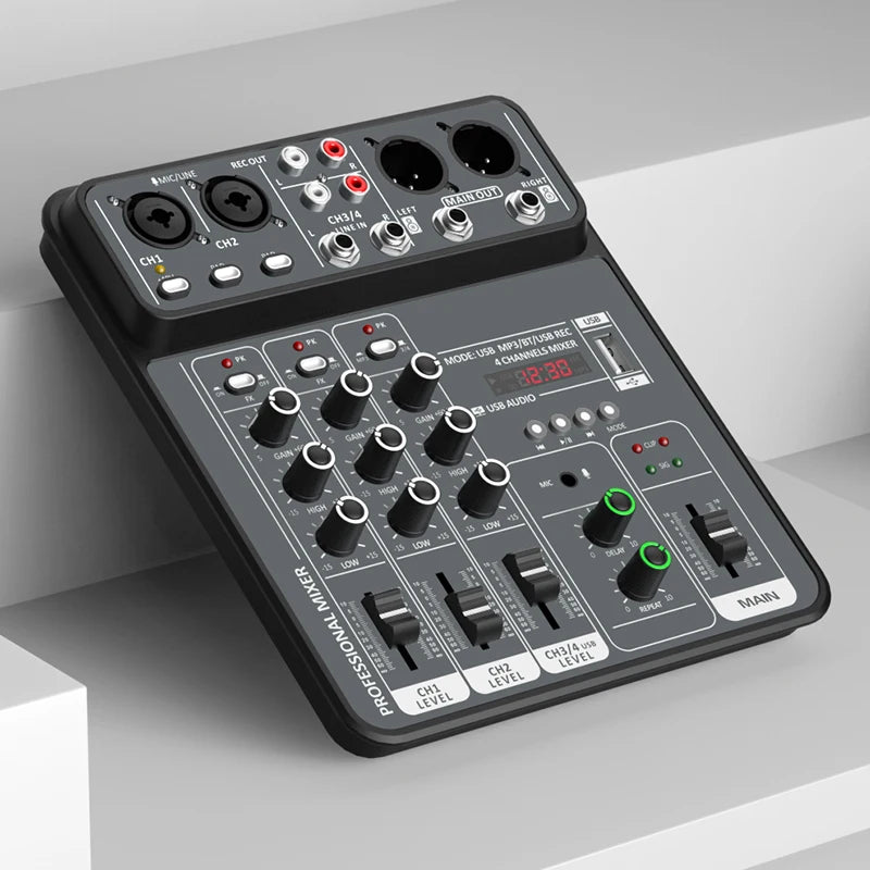 4 Channel Audio Mixer With Bluetooth USB And 48V Phantom Power