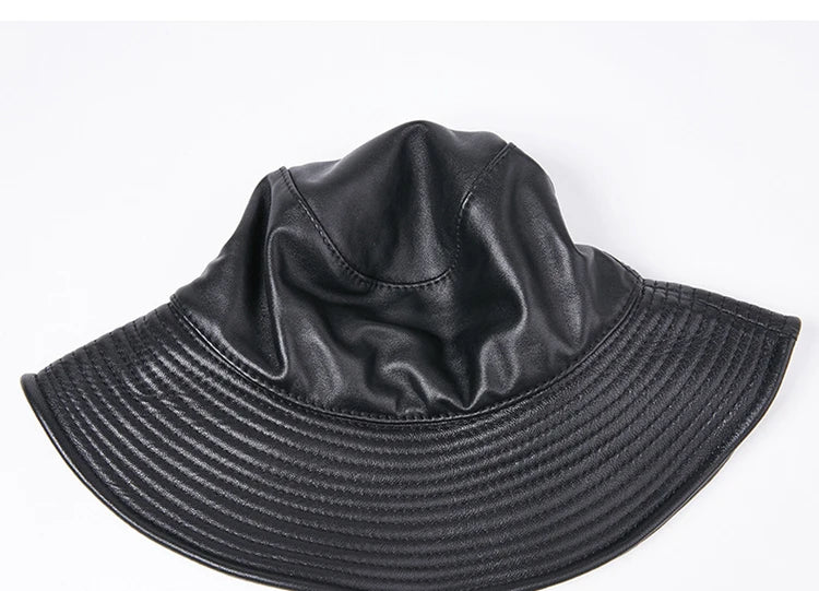 Spring Winter Japanese Women Genuine Leather Bucket Hats Black Fisherman Caps Easy Carry Street Bonnet