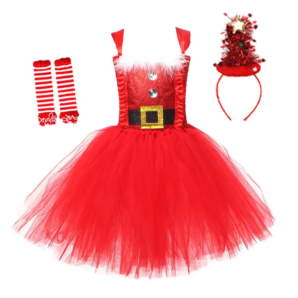 Sparkly Christmas Elf Tutu Dress for Girls Santa Claus Costumes for Kids Birthday Halloween Outfit Children Xmas Holiday Clothes