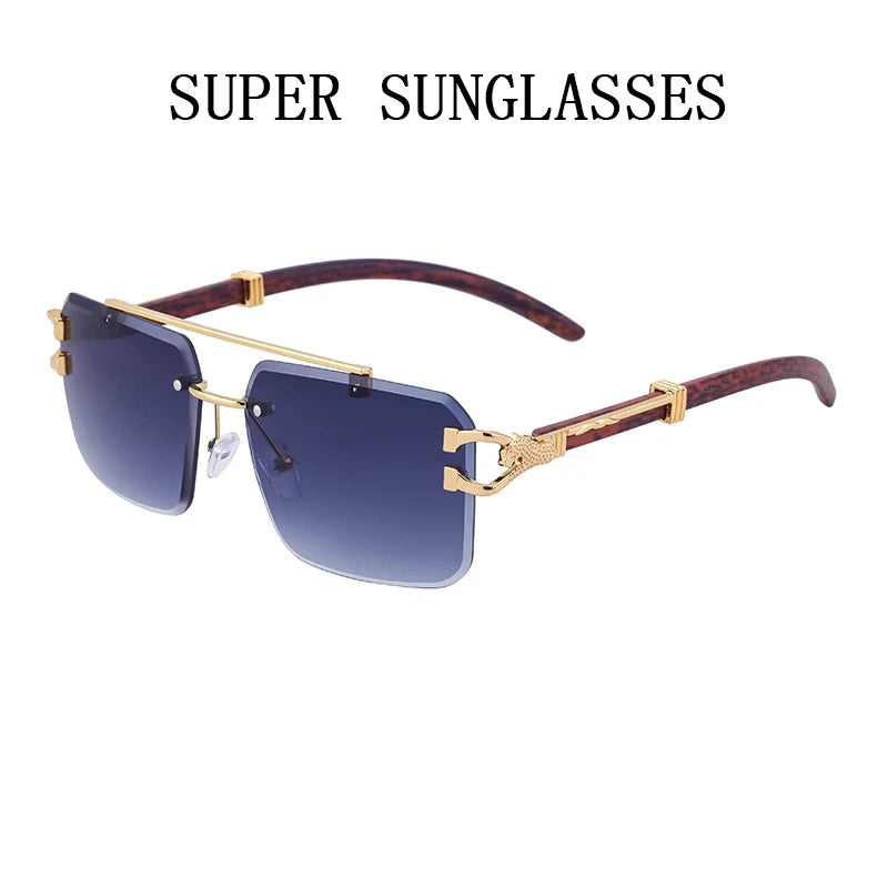 Rimless Sunglasses Vintage Sunglasses Women Luxury Fashion Glasses Square Wood Grain Shades