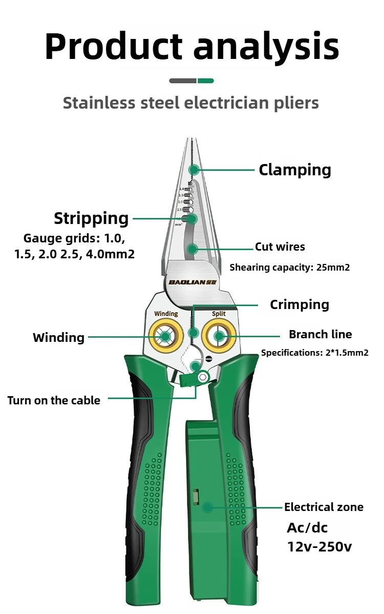 Multifunctional Wire Stripper Electrician's Pliers 8-in-1 Stainless Steel Needle-nose Pliers with Wire Measuring Hand Tools