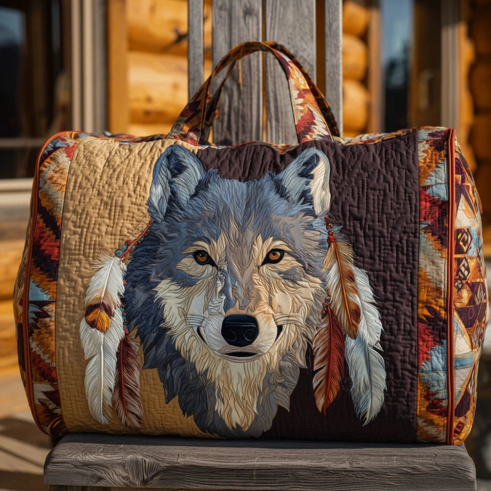 Quilted Wolf Feather Travel Duffel Bag 3D Printed Tribal Spirit Animal Lightweight Carry-On Weekender Bag for Adventure Gym