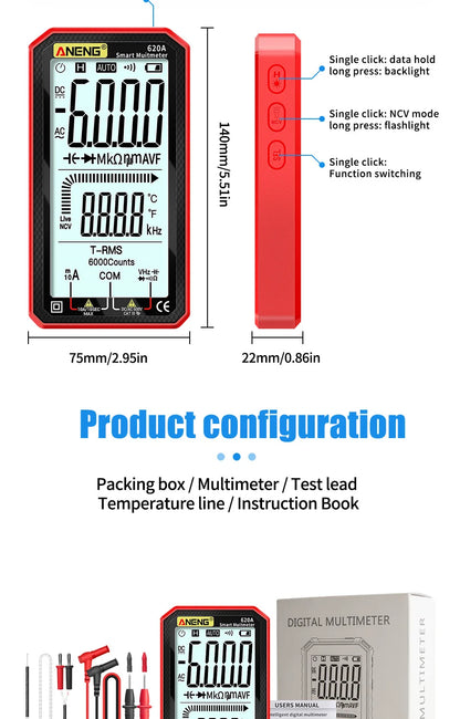 6000 Counts Digital Smart Multimeter Transistor Testers True RMS Auto Electrical Capacitance Meter Temp Resistance