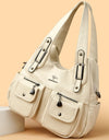 Women Casual Multiple Pockets Tote Bag Lady Large Capacity Shoulder Crossbody Bag Vintage Soft Leather Travel Bag