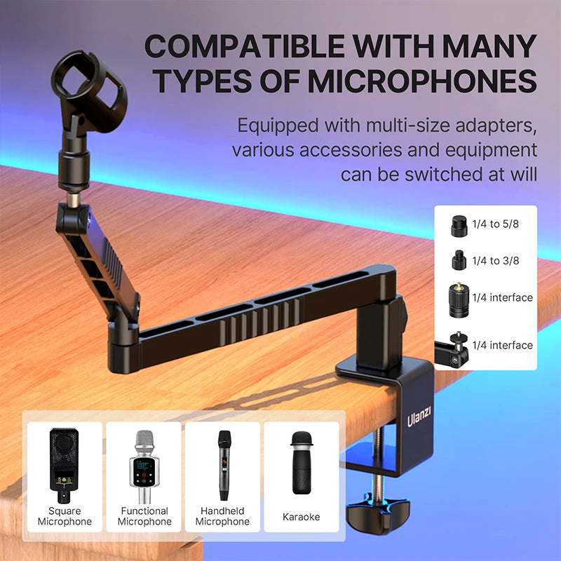 Low Profile Microphone Arm with Cable Channels Desk Clamp 360° Rotatable Foldable for Streaming Recording