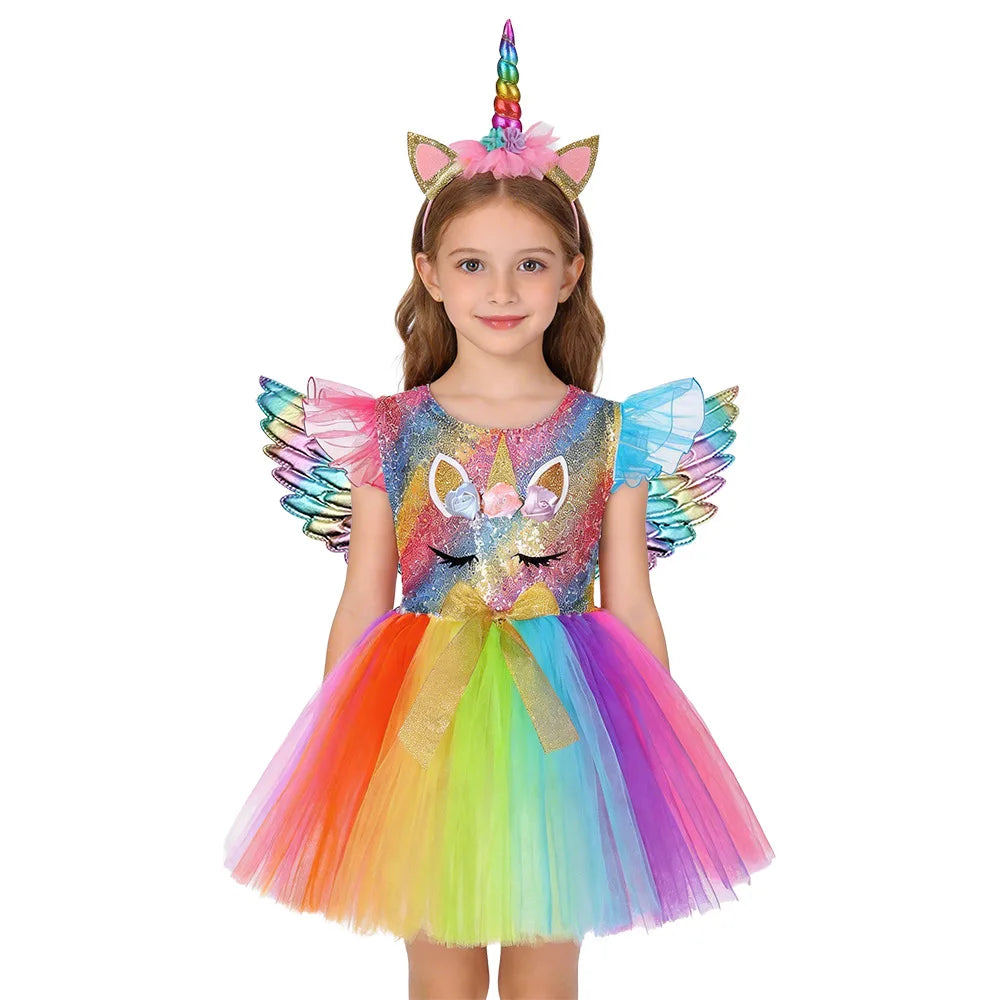 Unicorn Princess Tutu Dress with Flutter Sleeves and Sequin Tulle
