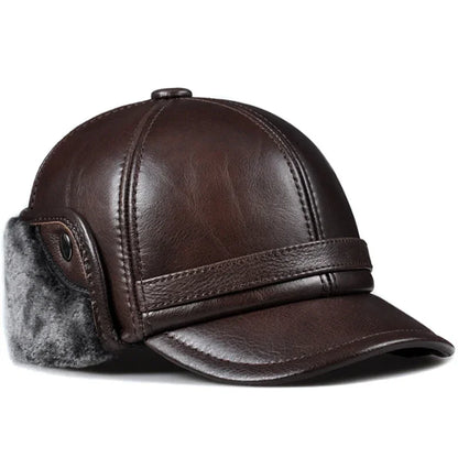 Winter Men's  Hat Thicken Leather Cowhide Baseball Caps With Ears Warm Snapback