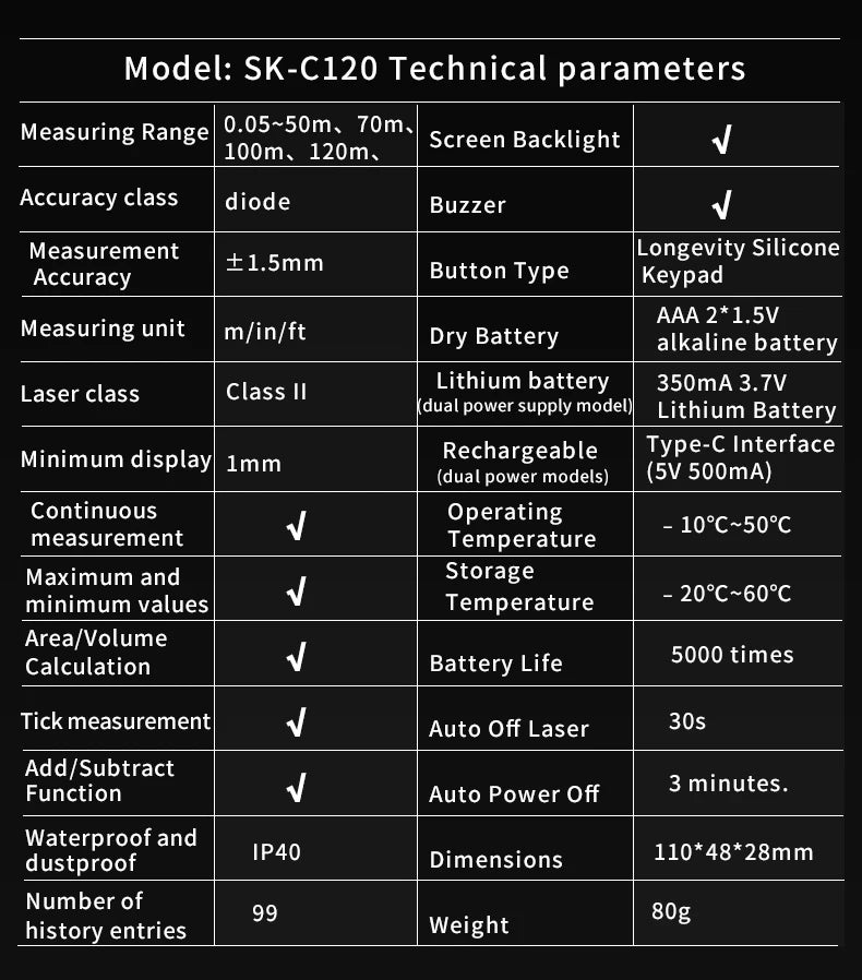 120M Smart Laser Distance Meter Measure Infrared Rangefinder USB Rechargeable Handheld Portable Laser Range Finder Tools