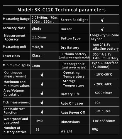 120M Smart Laser Distance Meter Measure Infrared Rangefinder USB Rechargeable Handheld Portable Laser Range Finder Tools