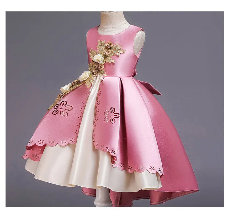Girls Summer Princess Dress - Sleeveless Tulle Tutu with Floral Appliques | Kindergarten Performance Outfit, Birthday Party Gown