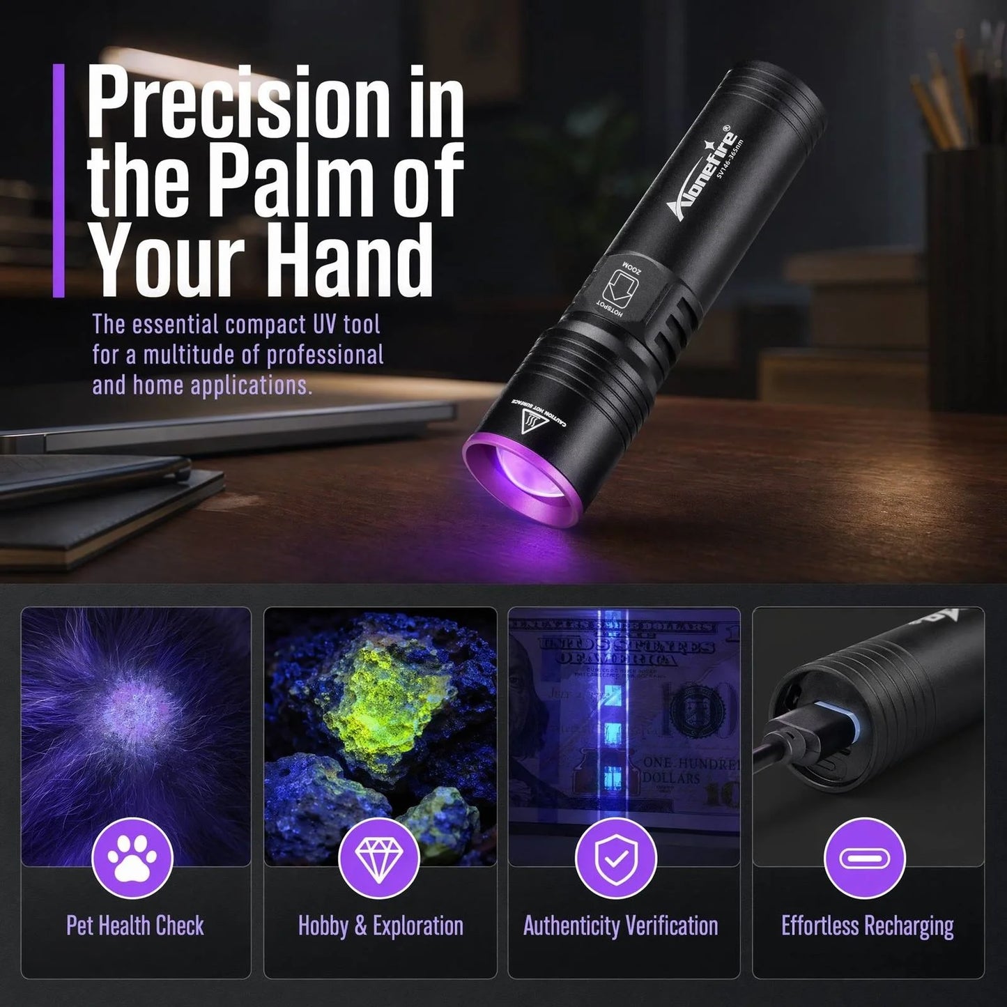 5W 395nm UV Rechargeable Mini Blacklight Flashlight