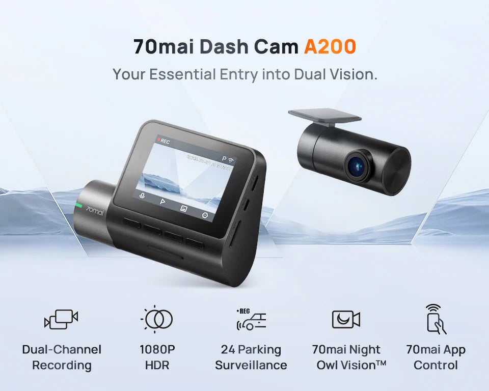 Dash Cam A200 Dual Channel 1080P HDR Car DVR – 2" IPS Screen, WiFi App Control, 130° Wide Angle, 24H Parking Monitor