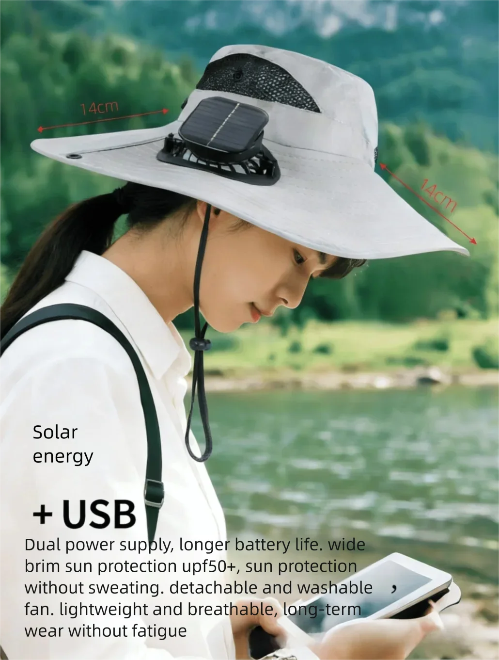 Wide Brim Solar Fan Hat With Dual Fans And USB Charging