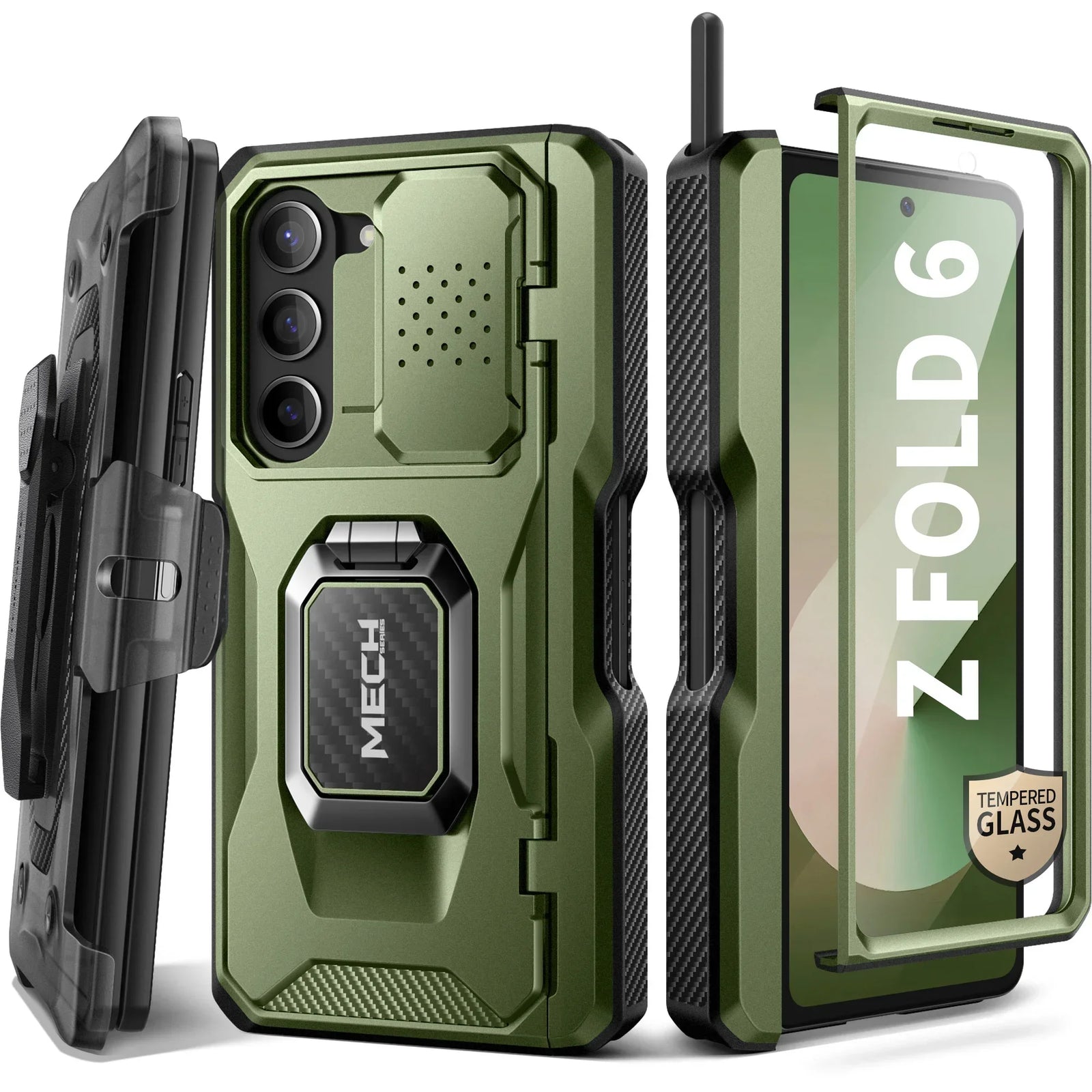 for Z Fold 6 Case with Ring Stand Built-in S Pen Holder & Glass Screen Protector with Slide Camera Cover Belt Clip Black