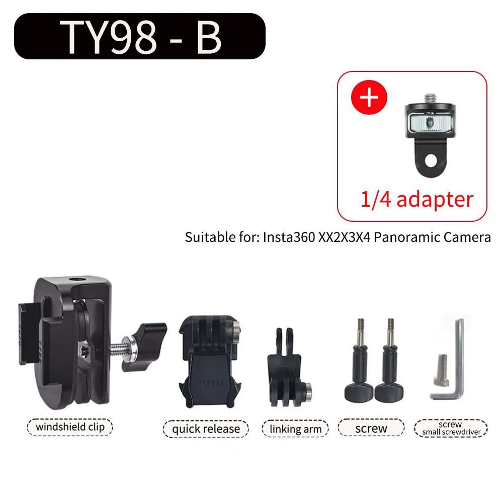 Motorcycle Windshield Aluminum Alloy Action Camera Clip Mount Adjustable Holder for GoPro DJI Insta360 Sports Cameras