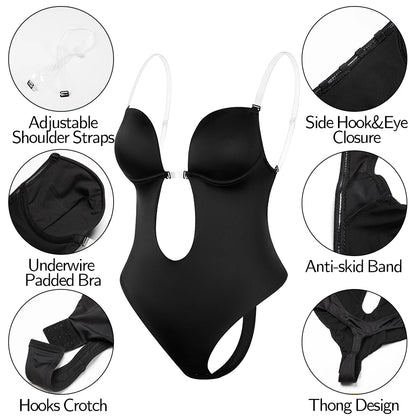 Shapewear Bodysuit Women Deep V-Neck Body Shaper Padded Bra Backless U Plunge Thong Shaper Waist Trainer Push Up Party Underwear