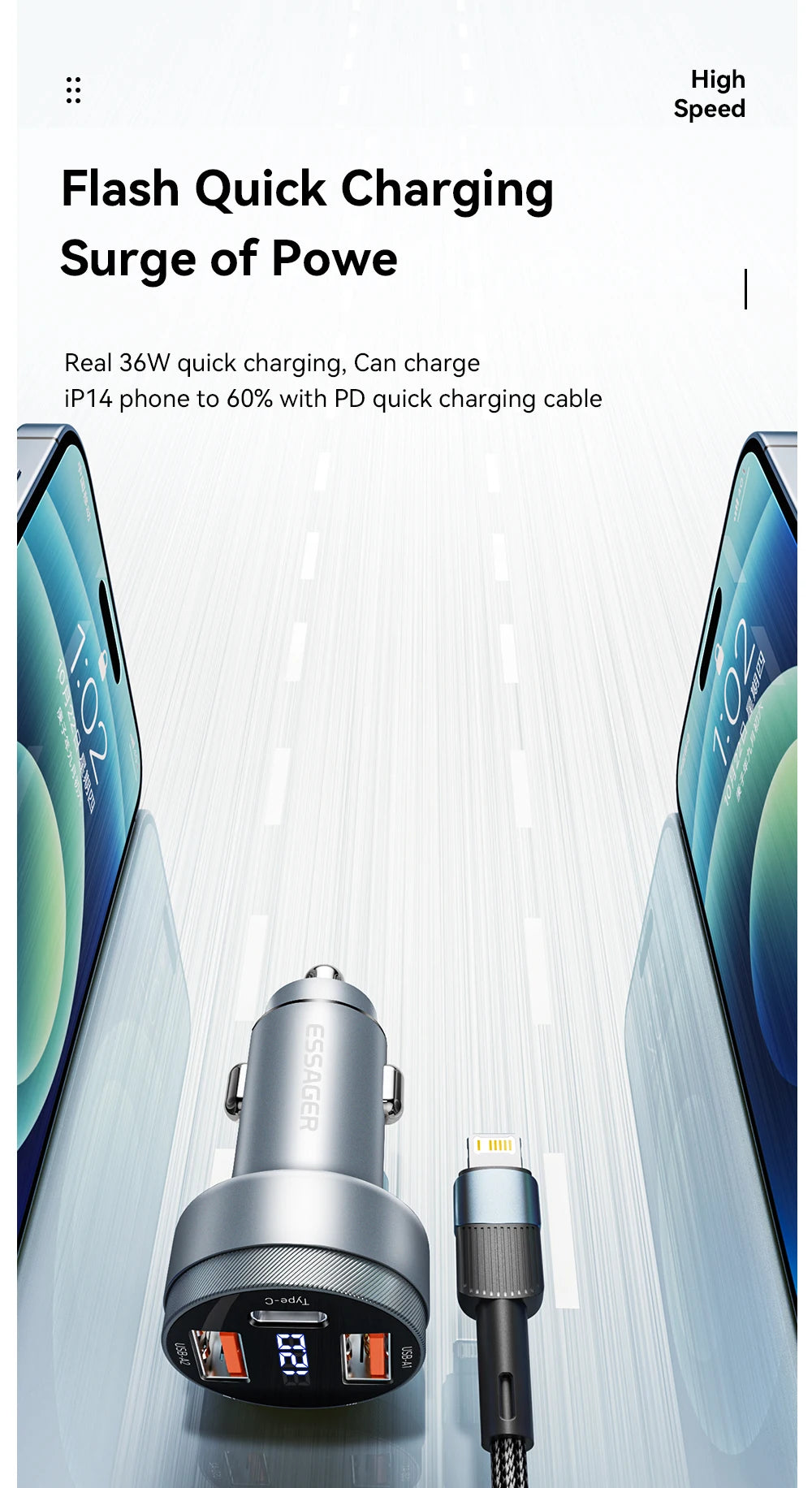 80W USB C Car Charger PD 3.0 QC 4.0 Fast Charging 3 Port Adapter with Digital Display