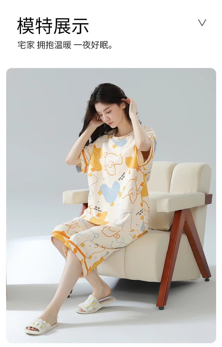 2-Pcs Women’s Summer Cotton Pajama Set – Breathable Short Sleeve Sleepwear with Cute Prints