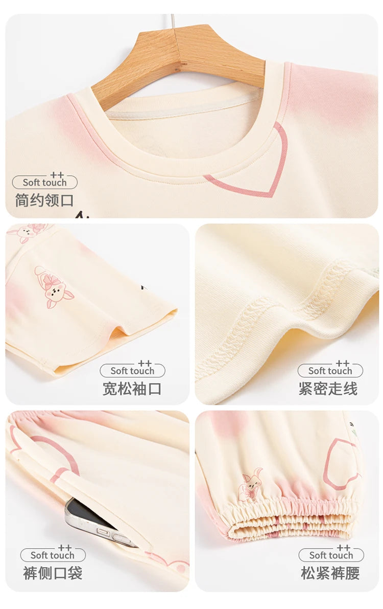 2-Pcs Women’s Summer Cotton Pajama Set – Short Sleeve Top & Calf-Length Pants with Cute Prints