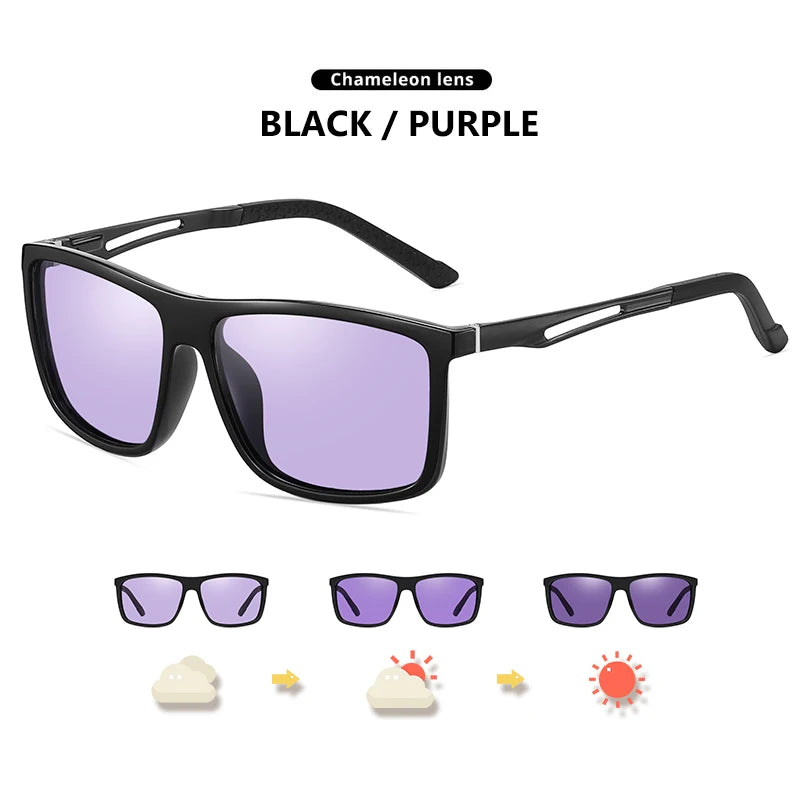Square Retro Photochromic Polarized UV400 Purple Lens Sunglasses for Men Women
