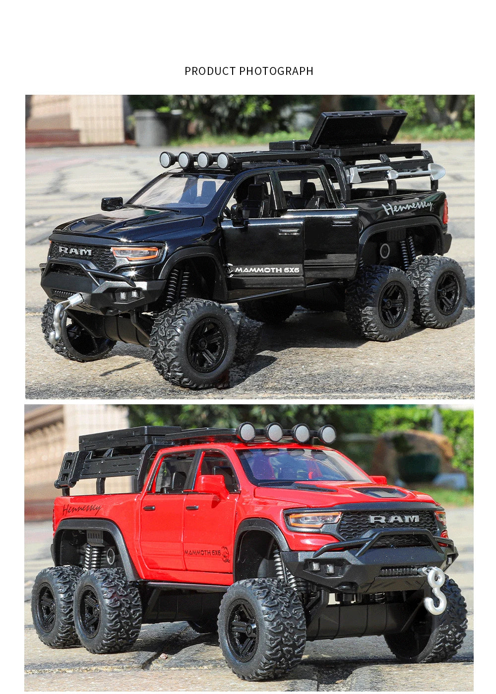 ﻿1:32 Dodge Tyrannosaurus Rex RAM 1500 TRX 6*6 Warlord Alloy Miniature Car Diecast Metal Scale Model Sound ＆ Light Toy Car