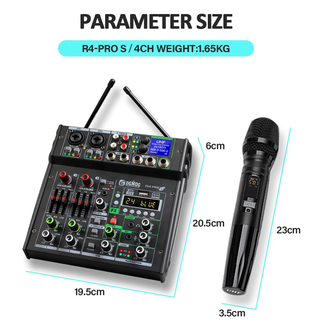 DGNOG Dual UHF Wireless Microphone DJ Audio Mixer 4 Channel Mixer Karaoke Mixer USB Bluetooth for Computer Recording Studio