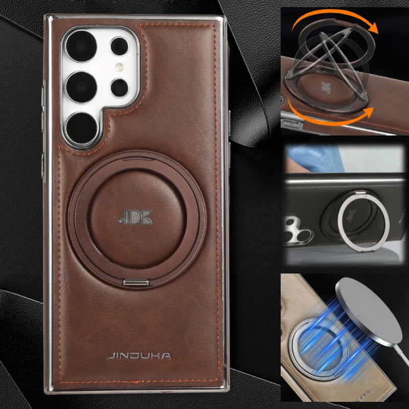 For Magsafe  360°Rotating Metal Car Bracket Ring Solid Color Leather Phone Case For Samsung S24 Ultra S22 S23 Ultra Plus