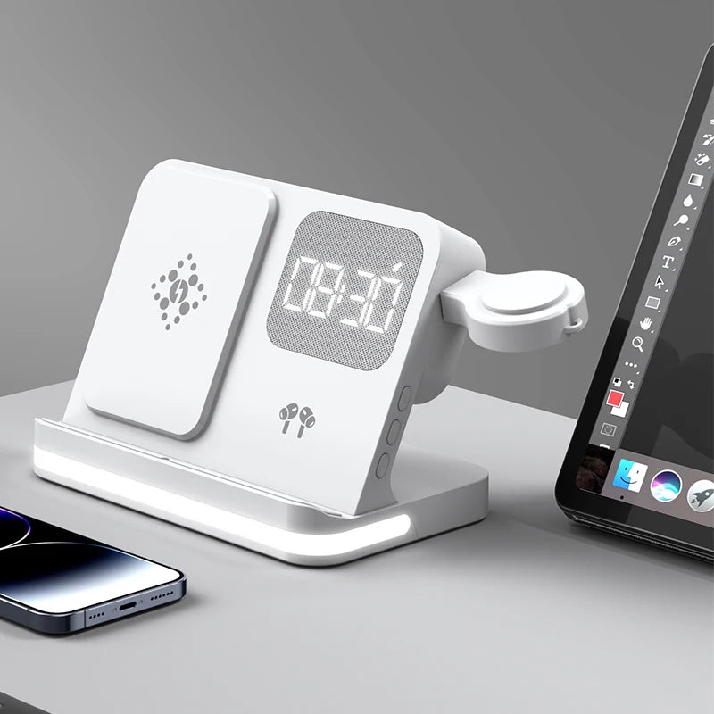 Four in one desktop clock wireless charger that can charge phones, headphones, and watches simultaneously