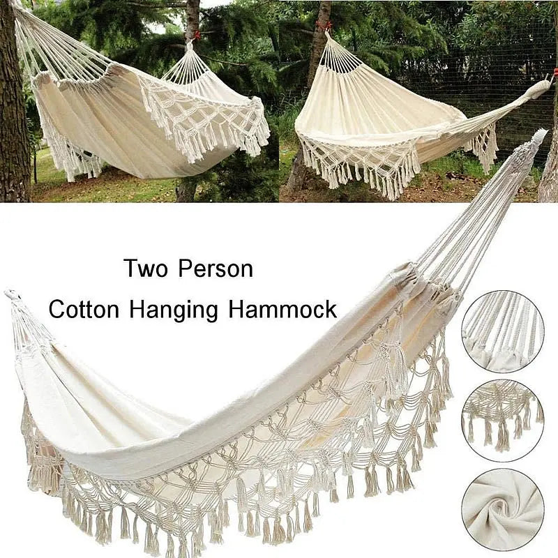 Macrame  Double Hammock Bohemian Woven Fringe Tassels Canvas Large Hanging Swing Bed Chair for Beach Yard Bedroom Patio Porch