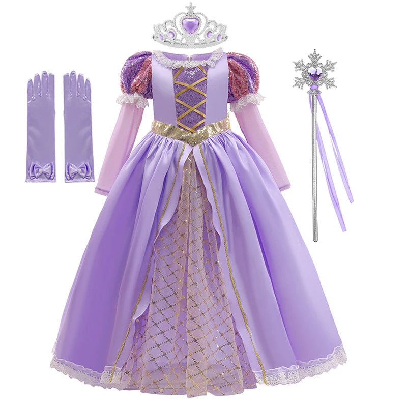 Rapunzel Princess Girl Dress Cosplay Tangled Halloween Party Vestido  Birthday Christmas