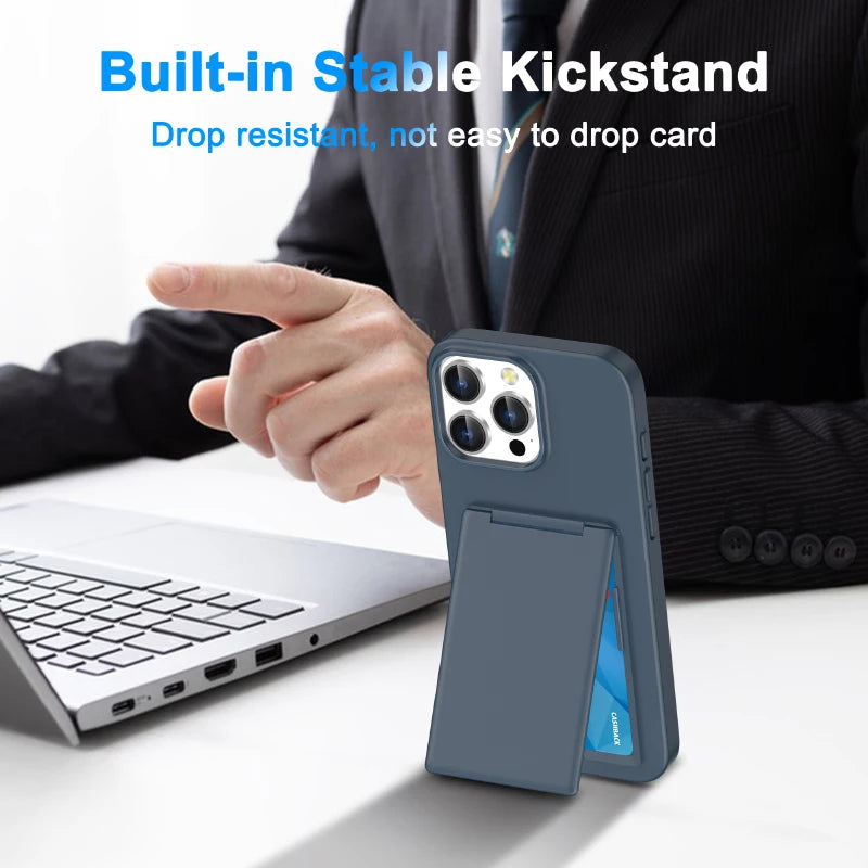 Luxury Solid Color Matte Wallet Card Slot Bracket Phone Case For iPhone 16 Pro Max 14 15 Pro Max Bumper Back Cover