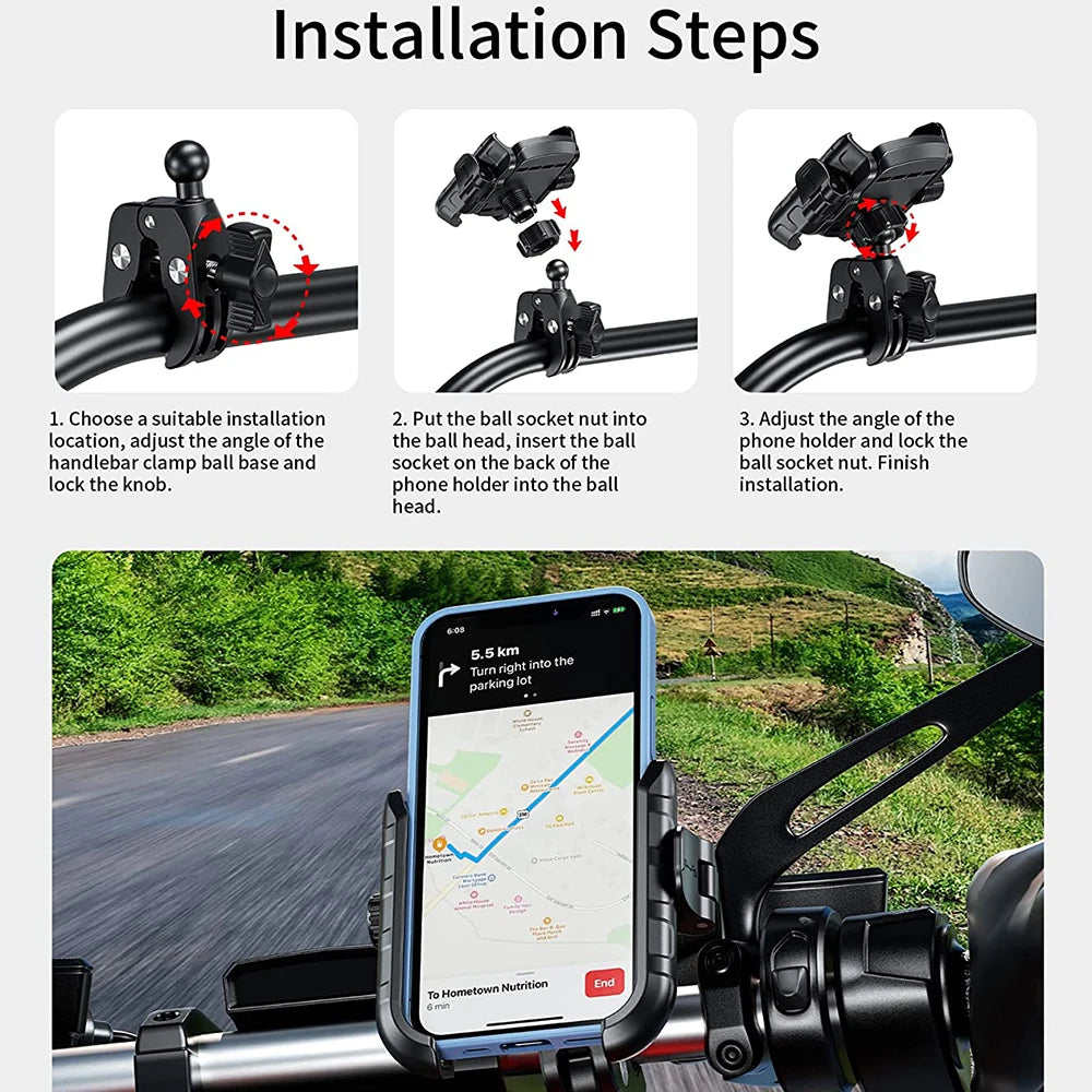 Motorcycle Phone Holder One-Touch Auto Quick Lock Bike Phone Mount ATV Bicycle Scooter Phone Holder with Aluminum Handlebar Base