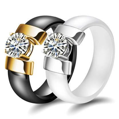 White Black Ceramic Rings For Women Wedding Ring Cubic Zircon