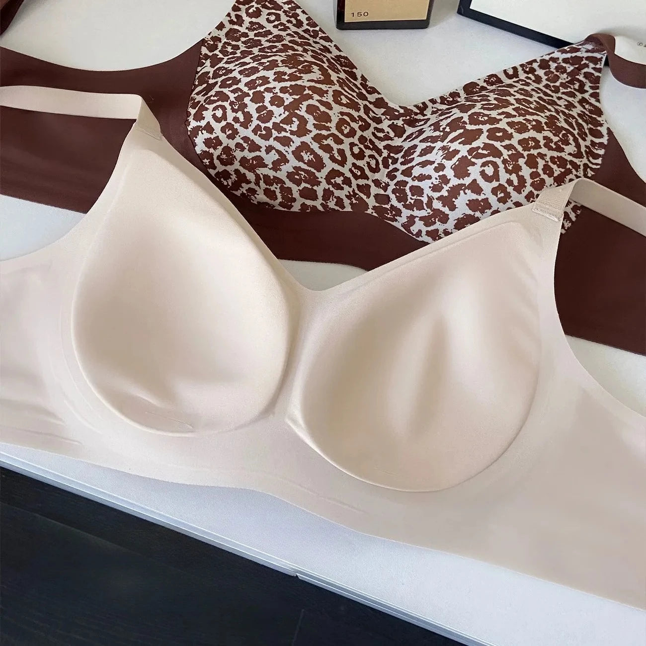 Womens Leopard Print Seamless Wireless Push Up Bra