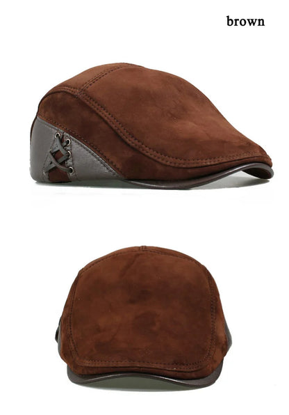 European Style Genuine Leather Caps Beret Man Casual Sheepskin Suede Fitted Duckbill Hats Male