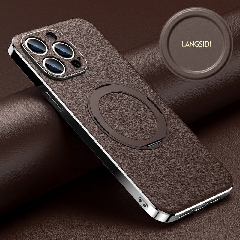 Leather for Magsafe Case for iPhone 16 15 14 Pro Max 16Pro Ring Luxury Lens Protection Holder Phone Back Cover